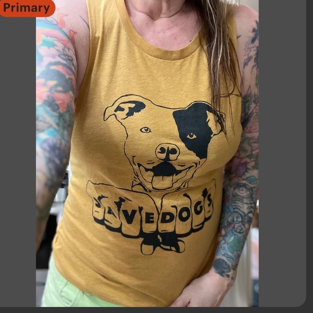 NWT screen printed SAVE DOGS rescue mustard yellow womens festival tank top